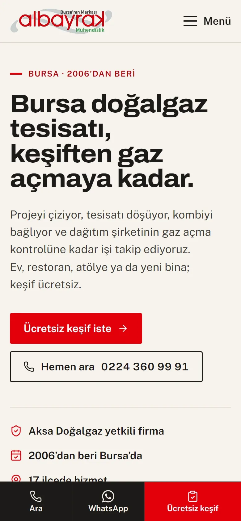 Albayrak Mühendislik web sitesinin telefondaki görünümü