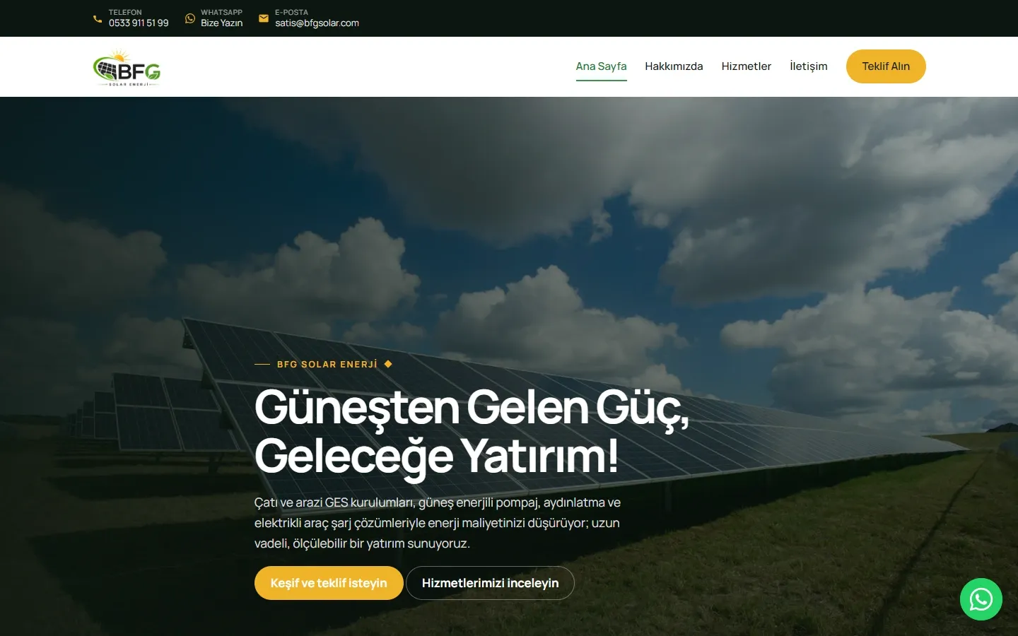 BFG Solar Enerji web sitesinin ana sayfası